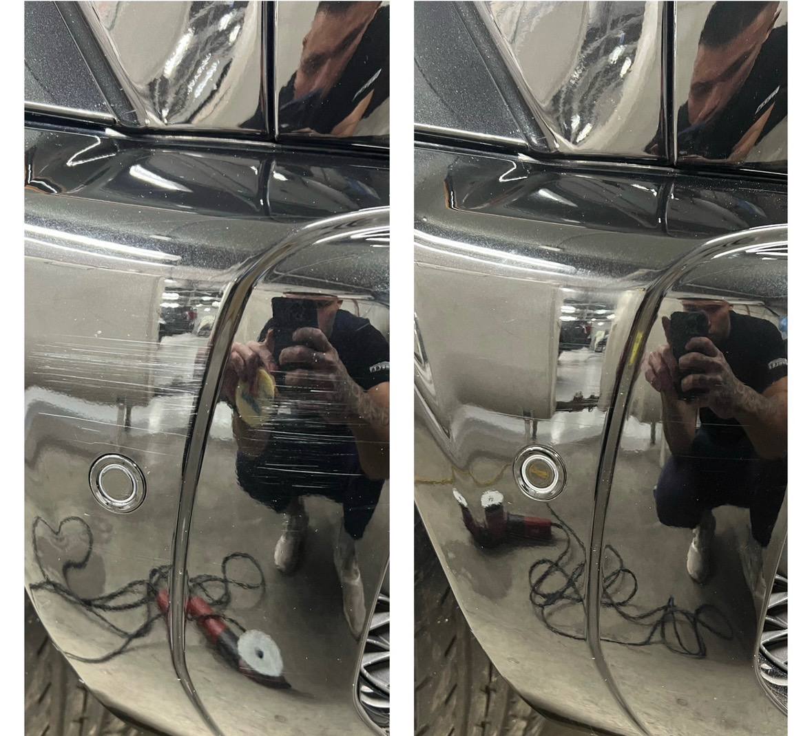 Before and after of a black car bumper with scratches removed