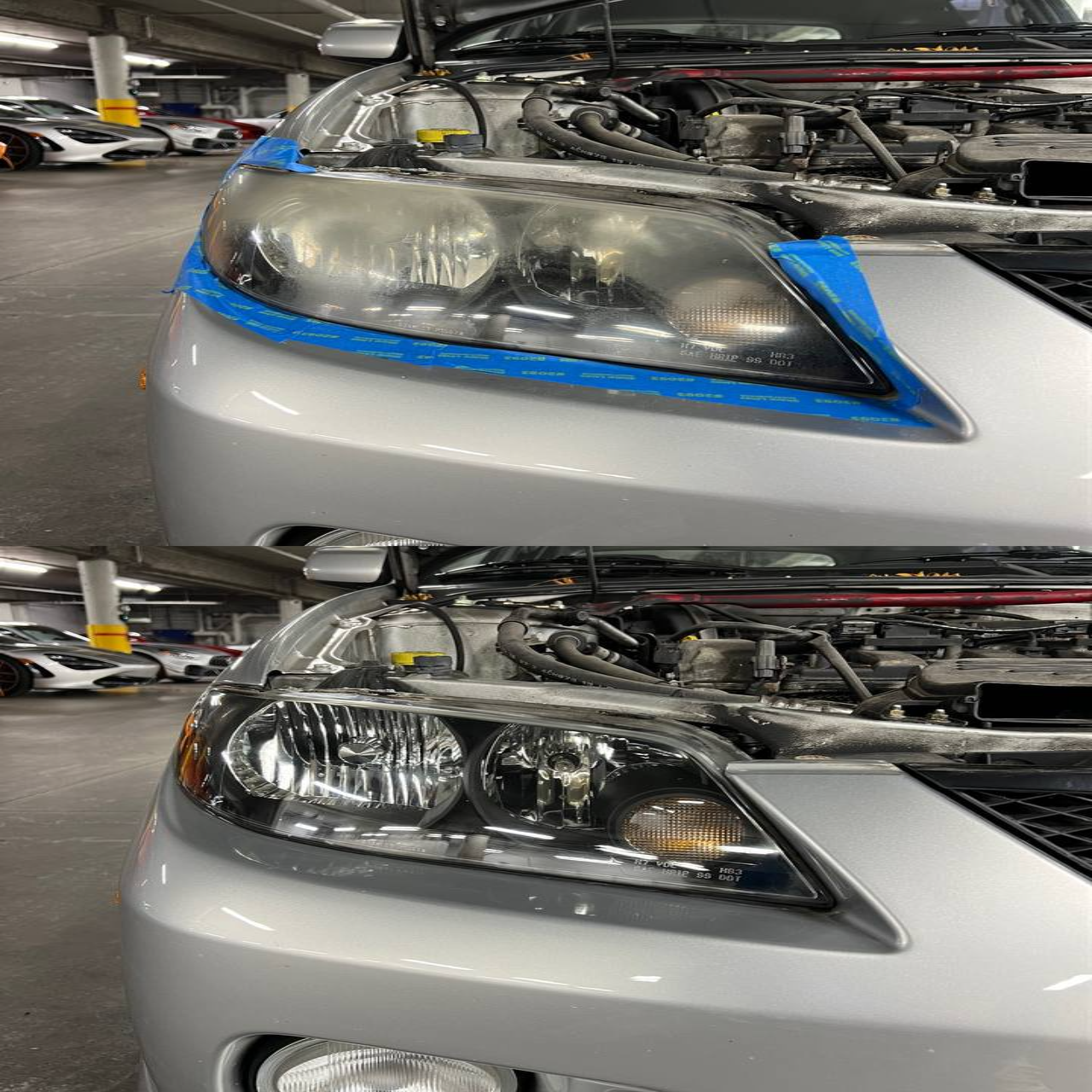 Before and after headlight restoration showing hazy headlight transformed to crystal clear
